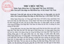 Chủ tịch Liên hiệp các Hội Khoa học và Kỹ thuật Việt Nam gửi Thư chúc mừng cán bộ, trí thức KH&CN nhân ngày Khoa học và Công nghệ Việt Nam 18/5/2016